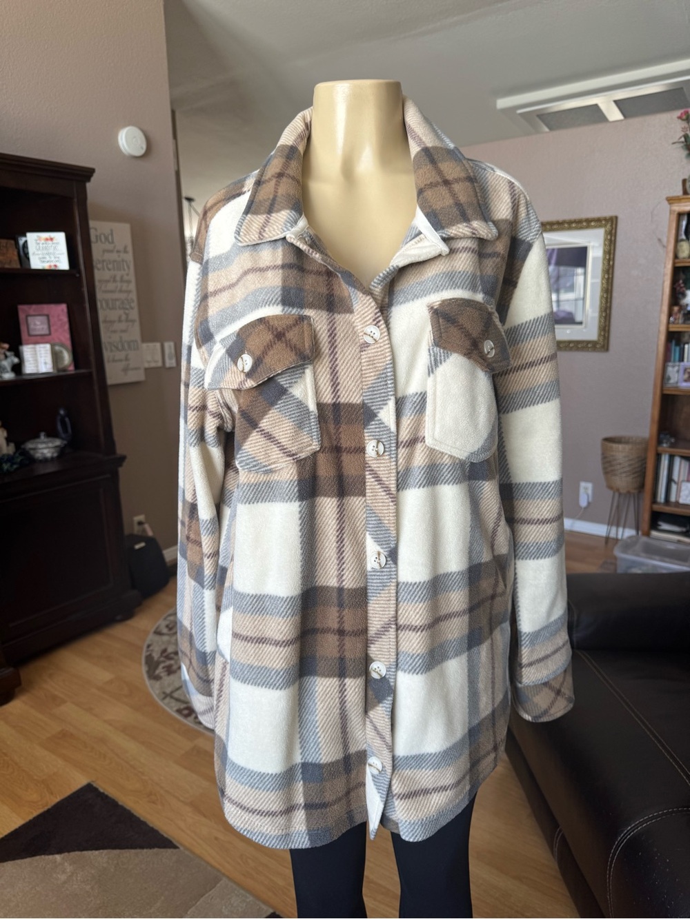 Thread & Supply Cream, Brown and Gray Plaid Utility Shacket-size XL